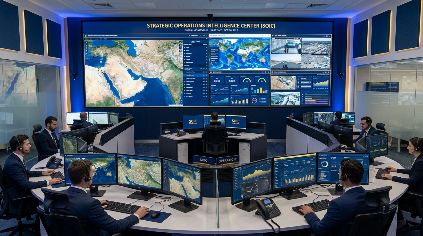 Strategic operations centre with dashboards and intelligence displays